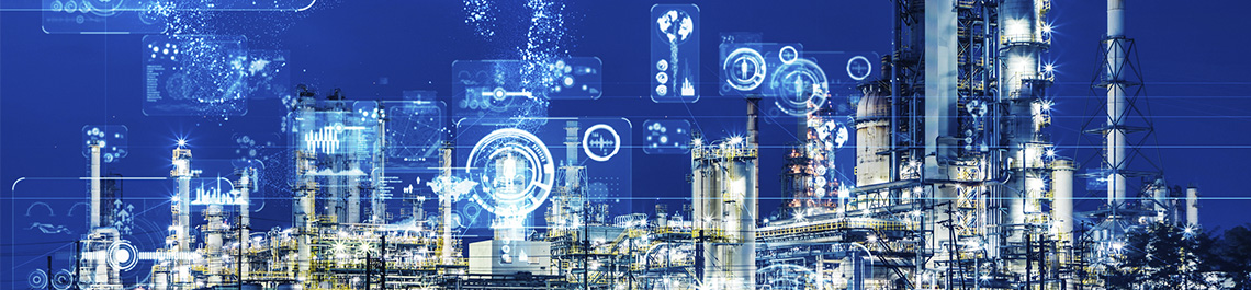 Abstract image of energy plant with overlay digital dashboards