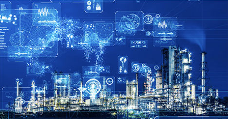 Abstract image of energy plant with overlay digital dashboards