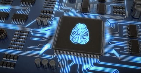 Digital brain superimposed onto microprocessor