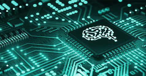 Closeup of computer board and CPU with PCB traces in shape of human brain